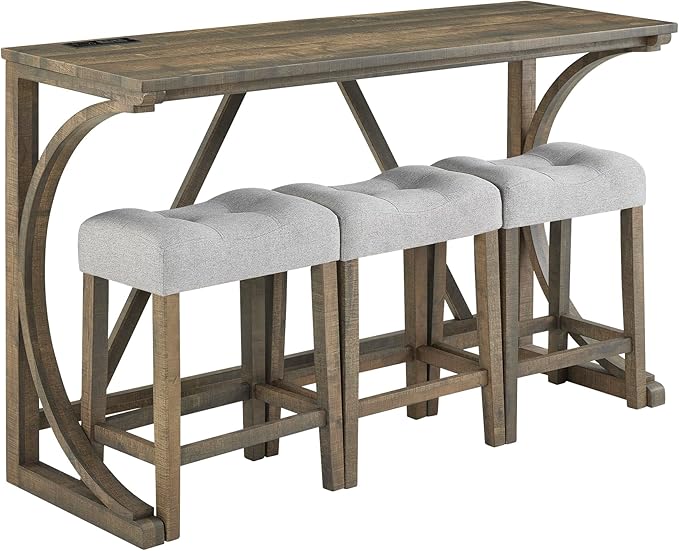 Polibi 4-Piece Farmhouse Counter Height Dining Set, Bar Table and Chairs Set, Wood Dining Table Set with Power Outlet and 3 Upholstered Stools for Breakfast Nook, Living Room, Brown Yellow