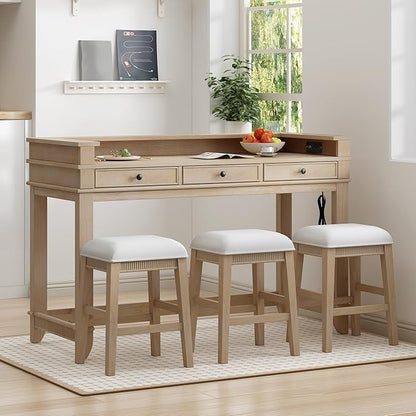 4-piece Dining Bar Table Set with 3 Upholstered Stools, Rubber Wood Counter Height Multifunctional Dining Table with 3 Drawers and USB Port, Side Table with Footrest Pub Kitchen Set (Natural-N2)