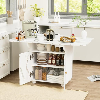 Multi-Functional Folding Dining Table with Storage Cabinet and Wheels - Marble Texture MDF Kitchen Island, Console Table, Desk - Space Saving Furniture for Small Spaces,47.24"L x 28.35"W x 29.92"H