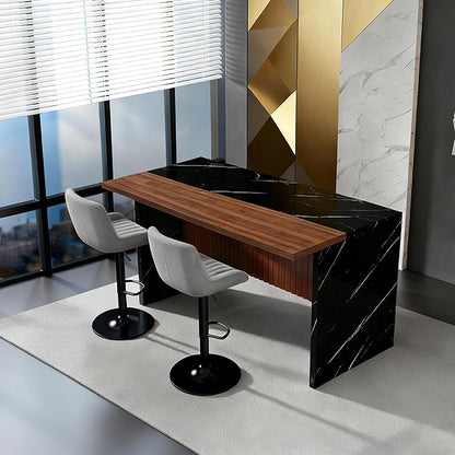 63" Modern Kitchen Island with Marble-Look Surface with 2/4 Bar Stools, Island Table with LED Lights, for Kitchen,Dining Room, Bar, Office, Living Room (Black+2Grey)