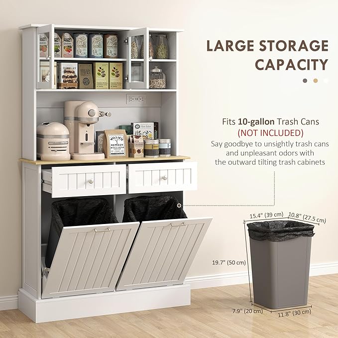 HOMCOM 68" Kitchen Pantry Storage Cabinet with Charging Station, 2 Tilt Out 10 Gallon Trash Can Cabinets and Drawers, Freestanding Kitchen Hutch with Glass Doors and Adjustable Shelf, White