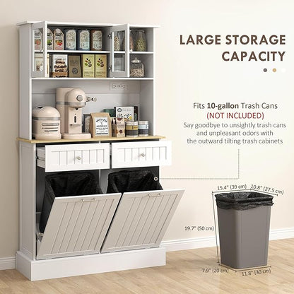 HOMCOM 68" Kitchen Pantry Storage Cabinet with Charging Station, 2 Tilt Out 10 Gallon Trash Can Cabinets and Drawers, Freestanding Kitchen Hutch with Glass Doors and Adjustable Shelf, White