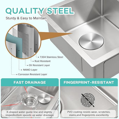 Rhbamoa 32 Inch Double Bowl Kitchen Sink Undermount,16-GaugeT304 Stainless Steel Kitchen Sink,50/50 Undermount Double Sinks with Accessories,Deep Sinks with Brushed Finish,Round Corner
