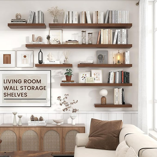 Venusmiles Floating Shelves for Wall, Engineered Wood Wall Shelves with Invisible Brackets for Living Room Bedroom Bathroom Office Kitchen Decor and Storage (Walnut, 36" W x 9" D x 1.5" H) Set of 2