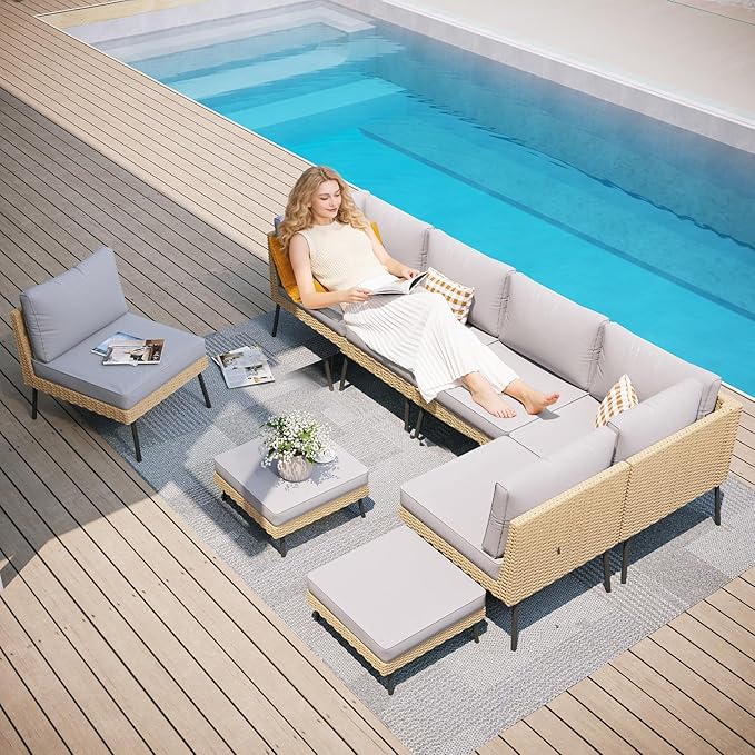 Aoxun 8-Piece Patio Furniture Set, Wicker Outdoor Furniture with Water Resistant Thick Cushions, Patio Conversation Set Outdoor Sectional Sofa with Coffee Table for Backyard Poolside, Light Grey