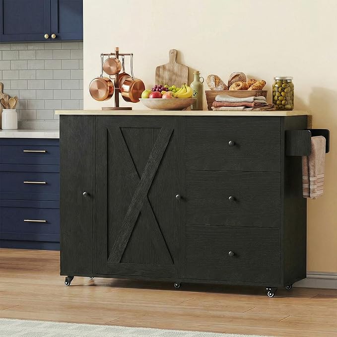 IRONCK Kitchen Island with Storage, 47.2in Rolling Island on Wheels, Kitchen Cart with Drop Leaf, 3 Spacious Drawers, Storage Cabinets and Towel Rack for Home, Dining Room