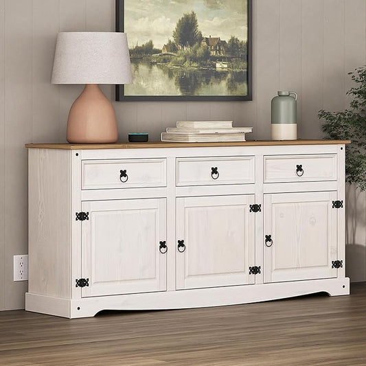 Furniture Dash Solid Wood Sideboard Buffet 65.9" W, 16.9" D, 31.6" H - Wooden Storage Cabinet 3 Doors & 3 Drawers, Cupboard Console Table, Ideal for Living Room, Kitchen Island, Dining Room - White