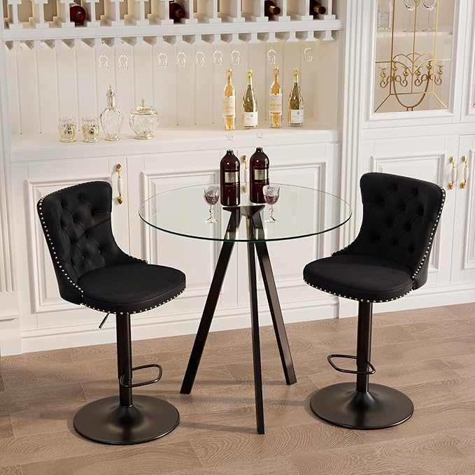 yeag 31.5'' Modern Luxury Glass Bar Table Set for 2, Round Pub Table Cocktail Table and 2 Adjustable Velvet Swivel Barstools Island Chairs for Bistro(Black Metal Legs, Clear Top + Black Chair)