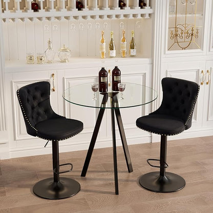yeag 31.5'' Modern Luxury Glass Bar Table Set for 2, Round Pub Table Cocktail Table and 2 Adjustable Velvet Swivel Barstools Island Chairs for Bistro(Black Metal Legs, Clear Top + Black Chair)