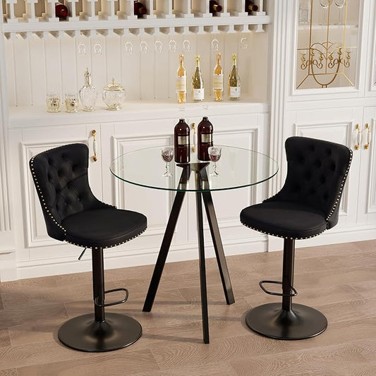 yeag 31.5'' Modern Luxury Glass Bar Table Set for 2, Round Pub Table Cocktail Table and 2 Adjustable Velvet Swivel Barstools Island Chairs for Bistro(Black Metal Legs, Clear Top + Black Chair)