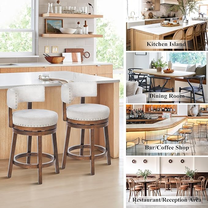 COLAMY Swivel Counter Height Bar Stools Set of 3, 25 Inch Modern Upholstered Kitchen Island Barstools with Back, Wood Swivel Bar Chairs for Dining Room, Beige