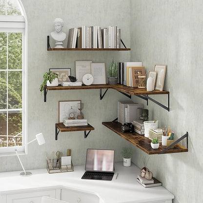 Acovy Deep Floating Shelves Wall Mounted, 55"x12" Brown Wood Shelves with Brackets Set of 2 for Bedroom, Living Room, Bathroom, Kitchen, Office - Storage & Display Shelf for Decor, Books, Plants