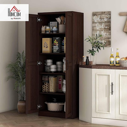 HOMCOM 63" 2-Door Kitchen Pantry, Freestanding Storage Cabinet with 5-Tier Shelving and 2 Adjustable Shelves for Dining Room, Cinnamon Cherry Wood Grain