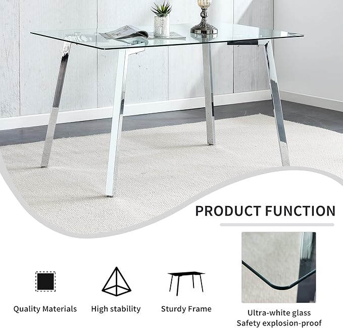 Rectangular Glass Dining Table 51 Inch Modern Rectangular Kitchen Table with Metal Legs Durable Stylish Dinner Table for Dining Room Kitchen