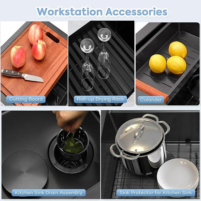 Black Undermount Kitchen Sink, 16 Gauge 304S Stainless Steel Workstation Sink with Full Set Accessories, 32" x 18" x 10" Large and Deep Single Bowl Kitchen Sinks