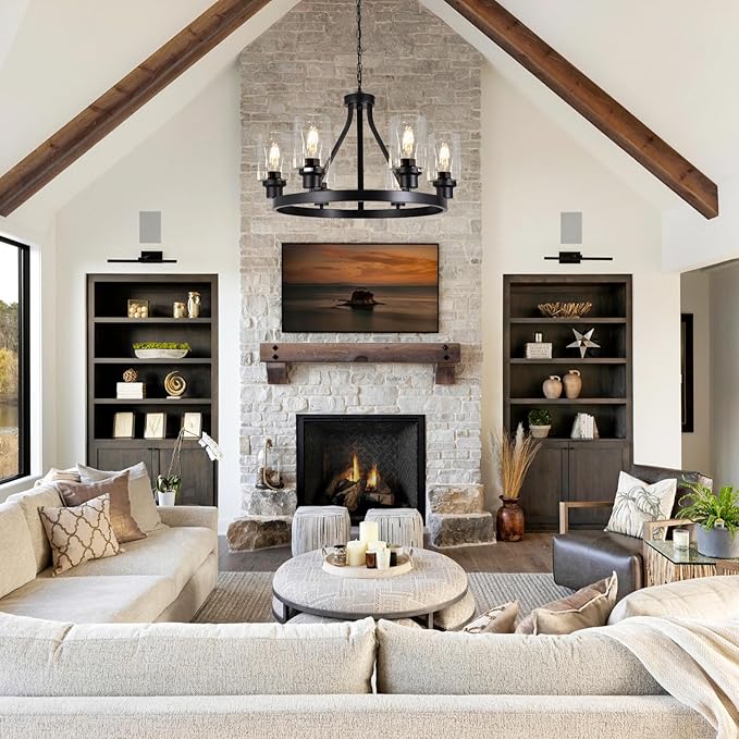 6-Light Farmhouse Chandelier Wagon Wheel Pendant Light Fixtures for Dining Room Living Room Island Kitchen Foyer Bedroom, Modern Black Industrial Rustic Adjustable Height Metal E26 Base