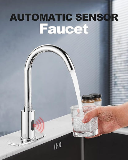 Touchless Bathroom and Kitchen Sink Faucet Commercial Public Automatic Motion Sensor Faucet with Deck Plate and Temperature Mixer,Battery or Plug-in Powered,1 Hole or 3 Hole,Chrome