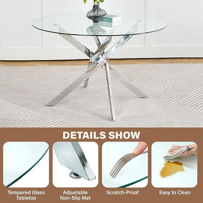 47-Inch Round Tempered Glass Dining Table for 4-6 Person Space-Saving Small Kitchen Table with Heavy-Duty Metal Legs Perfect for Dining Room, Apartment, Condo(Silver)