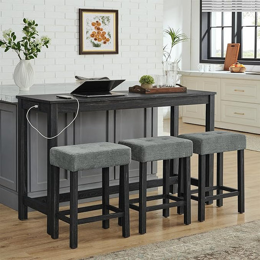 KEIKI 4-Piece Bar Table Set with 3 Upholstered Stools, Industrial Dining Table and Chairs Set with Built-in Power Outlet, Rectangular Kitchen Bar Table, Black