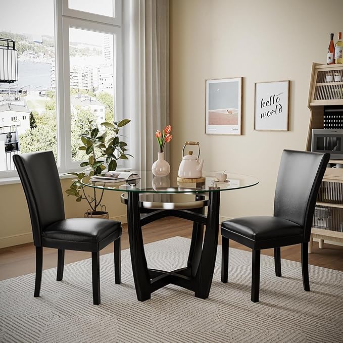 Dining Table, 48 Inch Clear Tempered Glass Round Dining Table, Solid Wood Base Dining Room Table, 31" High, Modern Round Kitchen Dining Room Table Furniture