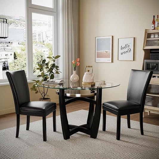 Dining Table, 48 Inch Clear Tempered Glass Round Dining Table, Solid Wood Base Dining Room Table, 31" High, Modern Round Kitchen Dining Room Table Furniture
