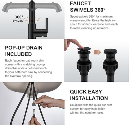 KENES Matte Black Bathroom Faucet with Pull Down Sprayer, Single Handle Bathroom Sink Faucet with Pull Out Sprayer, Vanity Bar Faucet with Pop Up Drain & Deck Plate, LJ-9055A-2