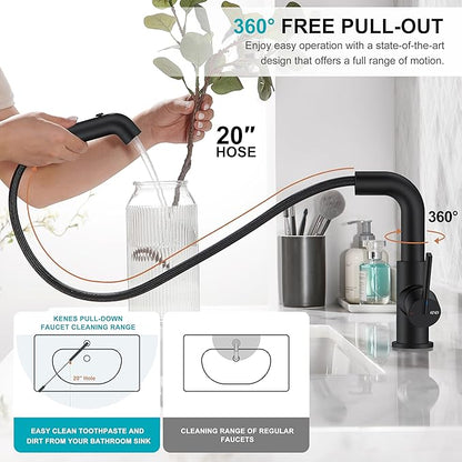 KENES Matte Black Bathroom Faucet with Pull Down Sprayer, Single Handle Bathroom Sink Faucet with Pull Out Sprayer, Vanity Bar Faucet with Pop Up Drain & Deck Plate, LJ-9055A-2