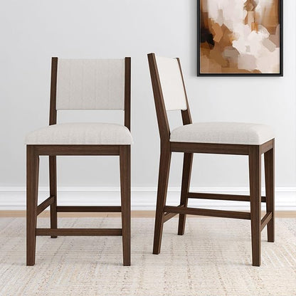 Plank+Beam Sereno Counter Stool, 24", Set of 2, Sturdy Wood Modern Kitchen Counter Height Stool, Upholstered Cushion Counter Chair with Back, Walnut/Ivory