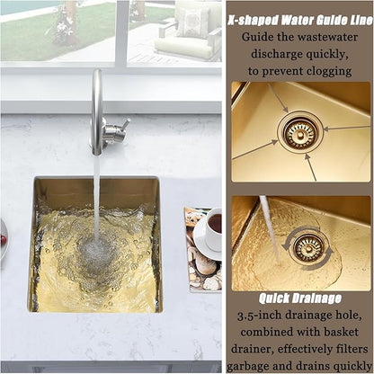 14 Inch Gold Bar Sink Undermount,14x19 Gold Bar Sink Undermount Small Stainless Steel Kitchen Sinks 18 Gauge Single Bowl Kitchen Prep Sinks with Drain Strainer