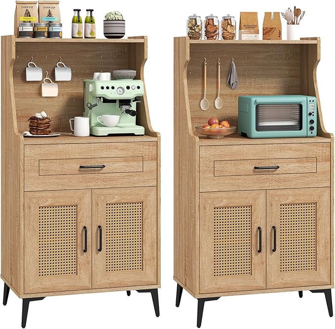 LOKO 45.5” Kitchen Pantry Cabinet Set of 2, Coffee Bar Cabinet with DIY Pegboard, Rattan Buffet Sideboard with Adjustable Shelf, Mid Century Modern Hutch Cabinet for Living Room, Oak (2)