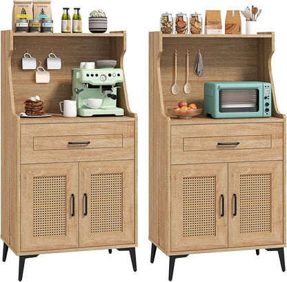 LOKO 45.5” Kitchen Pantry Cabinet Set of 2, Coffee Bar Cabinet with DIY Pegboard, Rattan Buffet Sideboard with Adjustable Shelf, Mid Century Modern Hutch Cabinet for Living Room, Oak (2)