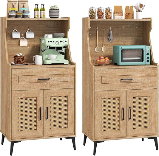 LOKO 45.5” Kitchen Pantry Cabinet Set of 2, Coffee Bar Cabinet with DIY Pegboard, Rattan Buffet Sideboard with Adjustable Shelf, Mid Century Modern Hutch Cabinet for Living Room, Oak (2)