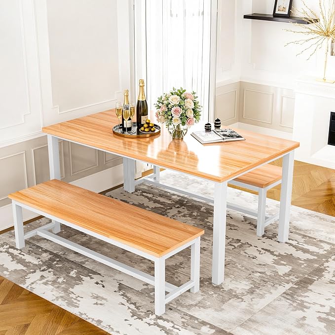 Lamerge Dining Room Table Set with 2 Benches, Dining Table Set for 4-6, Kitchen Table Set for Home Kitchen, Dining Room, Restaurant, Space Saving, Rustic, 3 Pieces Dining Furniture Set (04-Beige)