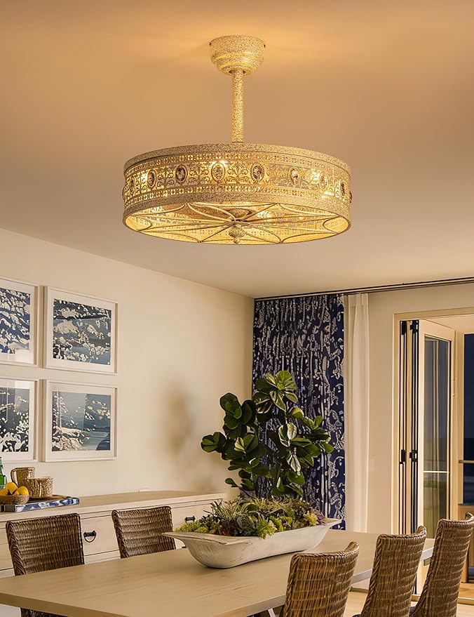 Art Deco Chandelier Ceiling Fan with Light,Antique Coastal Ornate Caged Bladeless Fandelier,Glam Statement Crystal Light Fixture,Hanging/Flush Mount for Bedroom,Dining Room,Living Room,Kitchen Island