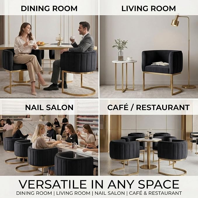 Hyfirm Black and Gold Barrel Dining Room Chairs Set of 4, Modern Velvet Upholstered Accent Chairs with Curved Back for Kitchen Island, Luxury Comfort Seating Cantilever Metal Frame