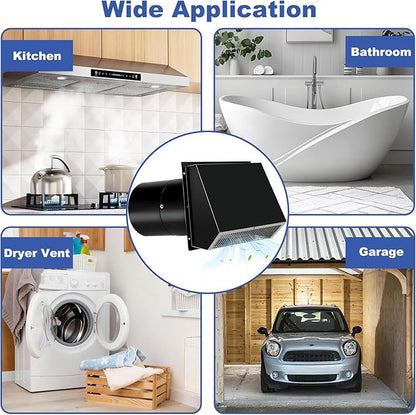 8 Inch Hooded Wall Vent with Screen and Damper, 8 Inch Range Hood Wall Vent Cap, Wall Exhaust Vent Cover, Outdoor Hooded Wall Vent for Dryer Vent, Range Hood, Kitchen, Black