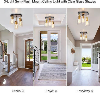 Black and Gold Flush Mount Ceiling Light 3-Light Black Semi Ceiling Light Fixture with Clear Glass Shades, Farmhouse Industrial Gold Brass Kitchen Ceiling Lights for Hallway Entryway Bedroom