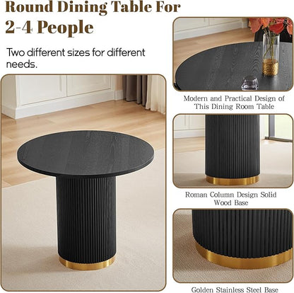 AF ARTISAN FURNITURE Round Dining Table for 4, 35.04" Farmhouse Kitchen Table, One-Piece Solid Wood Top with Gold Stainless Steel Base, Small Circle Dining Table for Kitchen & Living Room, Black