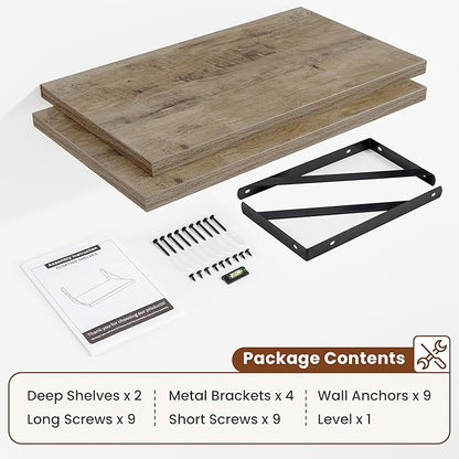 Deep Wall Shelves 24"W x 12"D Engineered Wood Floating Shelves for Wall, Sturdy Metal Bracket Bookshelves Home Decor Storage for Living Room Bedroom Bathroom Kitchen, Set of 2, Grey Finish