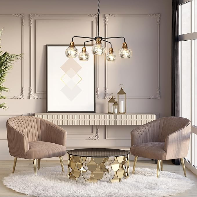 KSANA 5 Light Kitchen Island Lighting, Mid-Century Modern Dining Room Chandeliers Black Gold Chandelier Light Fixture with Globe Mercury Glass for Living Room, Kitchen, Bedroom, Hallway, 28.3" W