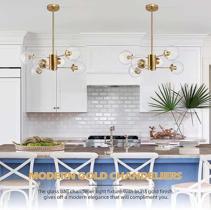 Bagood 6-Light Globe Sputnik Chandelier Modern Gold Sputnik Chandelier Mid Century Pendant Light Brushed Brass Finished with Clear Globe Glass Lampshade Chandeliers for Dining Room Kitchen