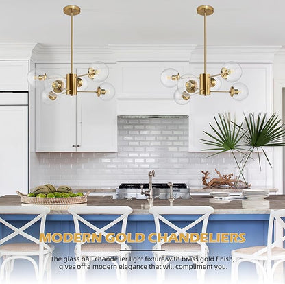 Bagood 6-Light Globe Sputnik Chandelier Modern Gold Sputnik Chandelier Mid Century Pendant Light Brushed Brass Finished with Clear Globe Glass Lampshade Chandeliers for Dining Room Kitchen
