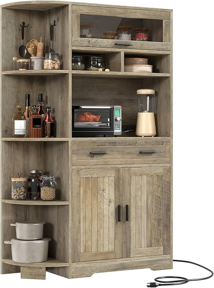 DWVO Farmhouse Kitchen Pantry Cabinet, 67" Bakers Rack w/Storage Cabinet, Coffee Bar w/Charging Station, Buffet Sideboard, Microwave Stand, Hutch Cupboard for Dining Room Kitchen Living Room(Ash Gray)