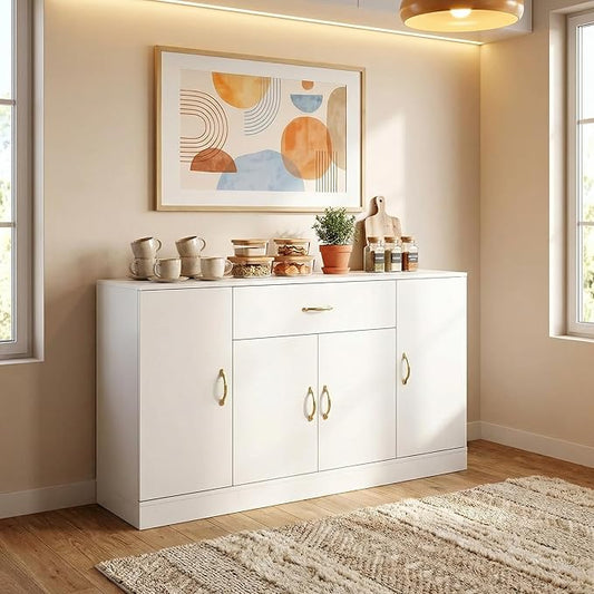 55" Kitchen Pantry Cabinet, Large Storage Cupboard with Doors and Shelves, White Kitchen Storage Cabinet with Drawer, Versatile Buffet Sideboard for Dining Room and Craft Room