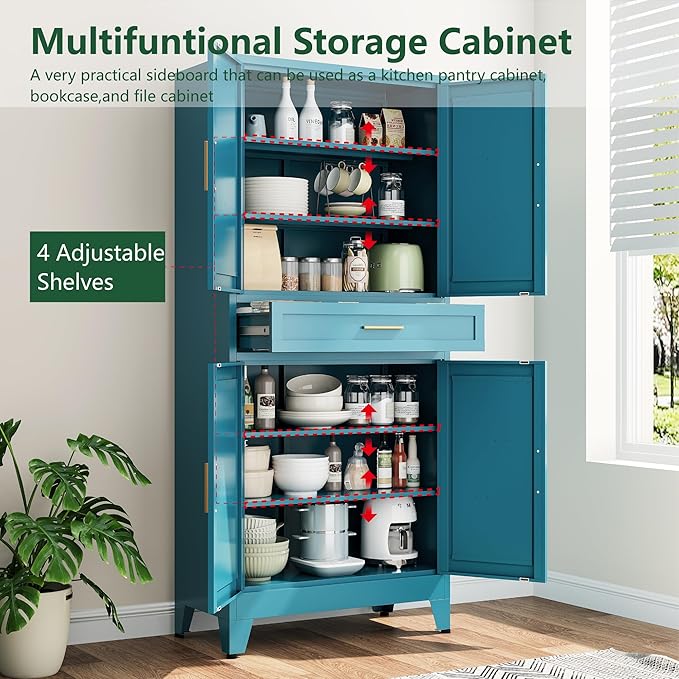 Bevivog Metal Storage Cabinet with Drawers, Tall Cabinets with Doors and Shelves, 4 Doors High Storage Cabinet for Office/Pantry/Living Room