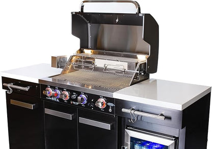 Mont Alpi Premium 70"W x 24"D Black Stainless Steel Compact Outdoor Kitchen Island with Refrigerator + 32"W 4-Burner BBQ Grill with Infrared Rotisserie Burner + Storage Cabinets + Granite Countertops