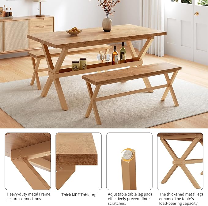 HIPIHOM 63" Dining Table Set with 2 Dining Benches for 4, Scratch Resistance MDF Kitchen Table with Sturdy Metal Legs, Small Dining Table Sets for 4 for Family Gatherings