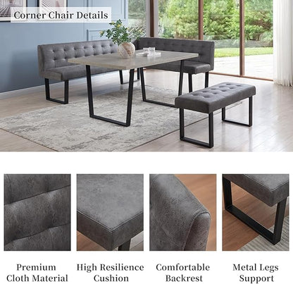 HIPIHOM 3 Piece Dining Table Set with Bench, 42.9 Inch Modern Kitchen Table with Left Seat Corner and 43.3 Inch Bench for Family Dining Room Furniture