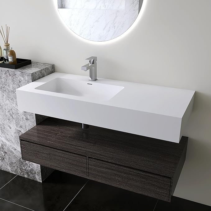 39.4"x18.9" Wall Mount Bathroom Vanity with Stone Resin Sink, White Floating Vanity Sink, Rectangular Vessel Sink for Bathroom, Modern Trough Design Matte White