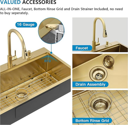 33"x19" Drop In Workstation Kitchen Sink – Brushed Gold NANO-PVD, 16 Gauge T304 Stainless Steel, Single Bowl Luxury Top Mount Sink with Faucet Combo & Soap Dispenser
